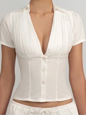 White Pleated V-Neck Button Front Top
